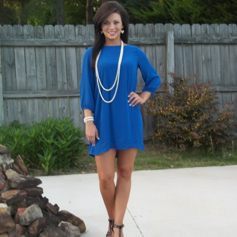 Hug Blue Bow Back Fully Lined 3/4 Sleeve Dress